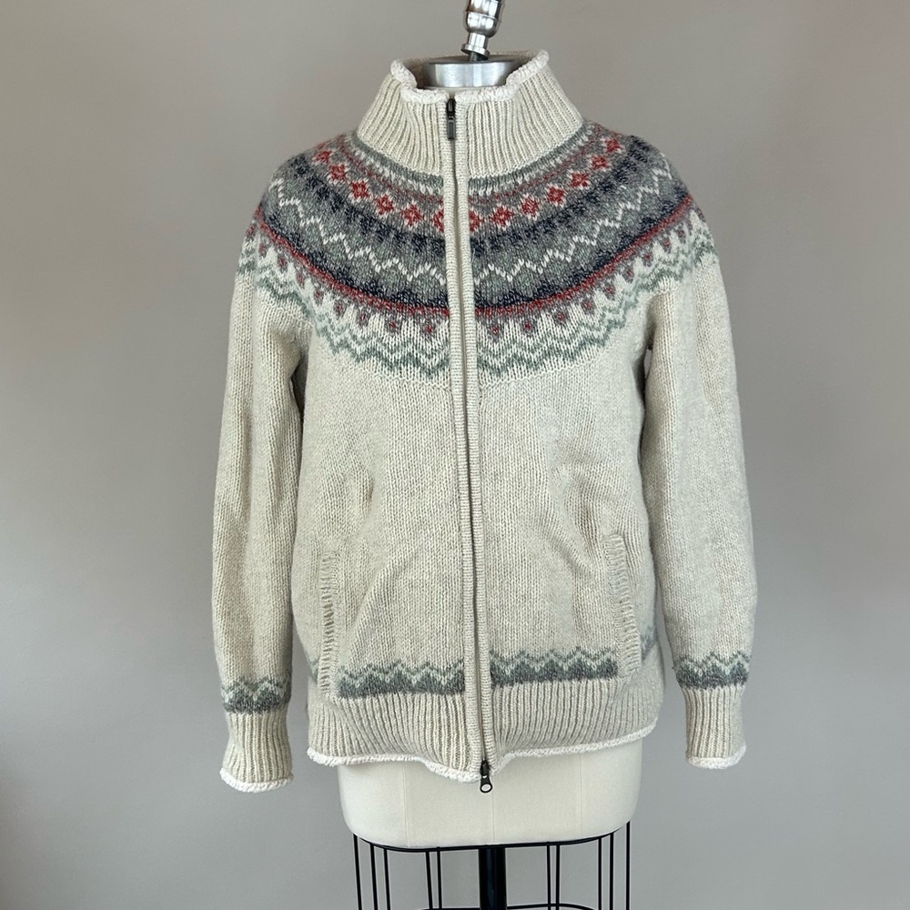 L.L. Bean Lambs Wool Fair Isle Sherpa Lined Zip Cardigan Jacket Sz Large